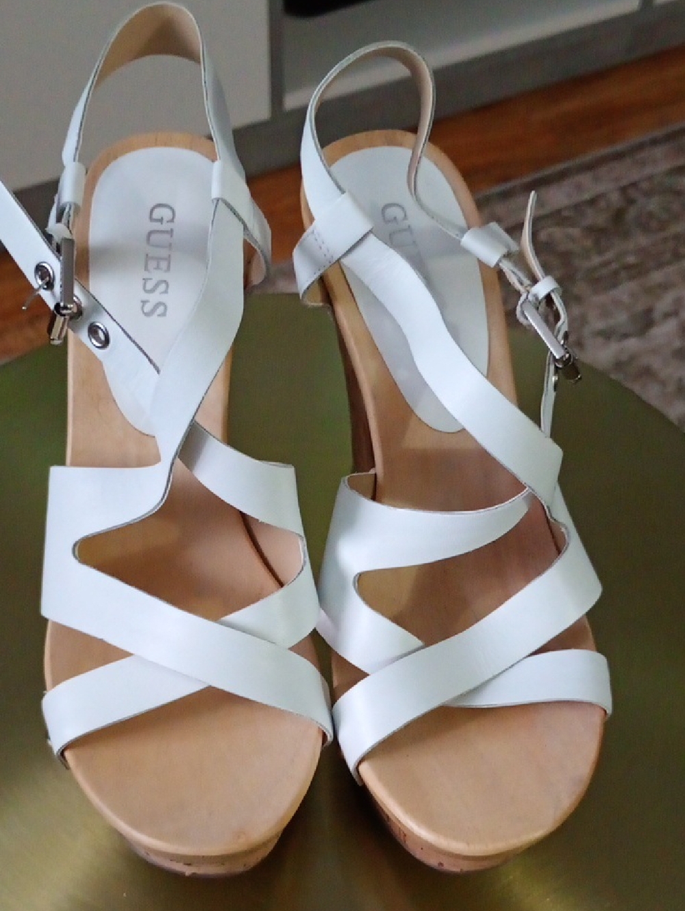 GUESS White Strappy Wood-Platform Sandals